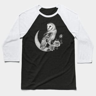 Barn Owl Sitting on a Moon & Roses, Gothic Baseball T-Shirt